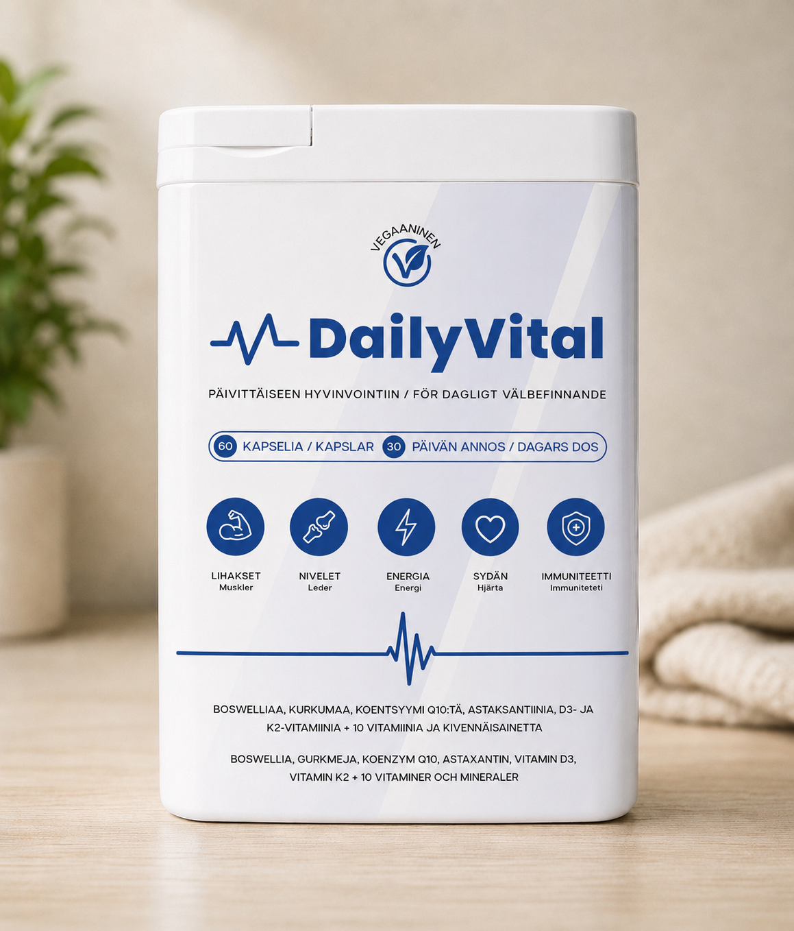 DailyVital -ravintolisäpurkki ja kapseleita